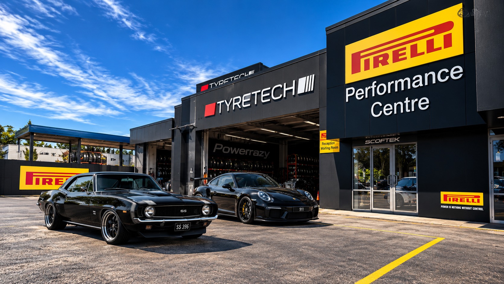 TyreTech on Archers Road, Wairau Valley, with a Camaro and a Porsche 911 parked out the front